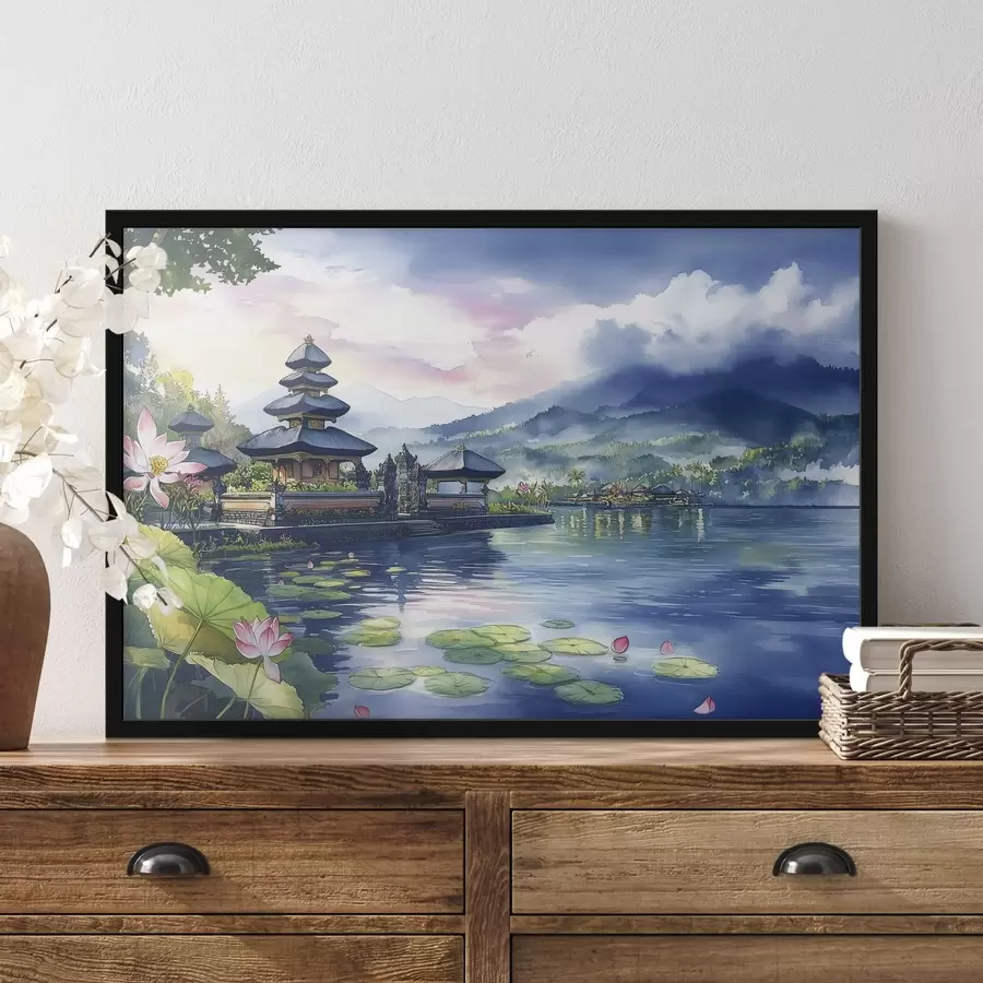 Papier peint photo Île indonésienne, temple, bouddhisme, nature tropicale, style aquarelle f44148