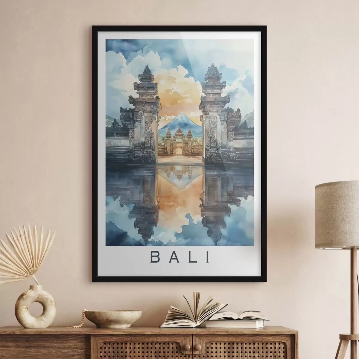 Affiche Esthétique de Bali, temple, ciel couchant, nature tropicale, style aquarelle f44149