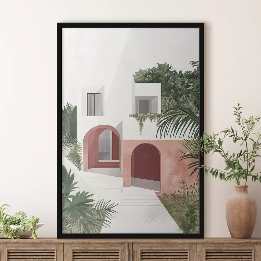 Fotobehang Villa met tropische tuin, mediterraan, acrylstijl f44151