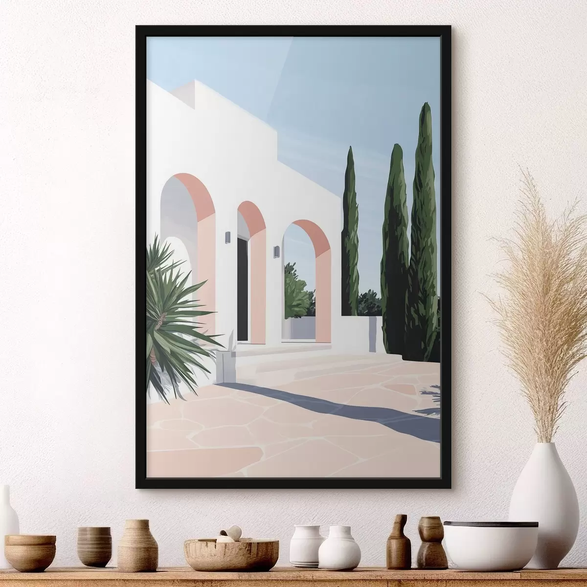 Poster Witte villa met bogen en tropische tuin, mediterrane, vlakke stijl f44153