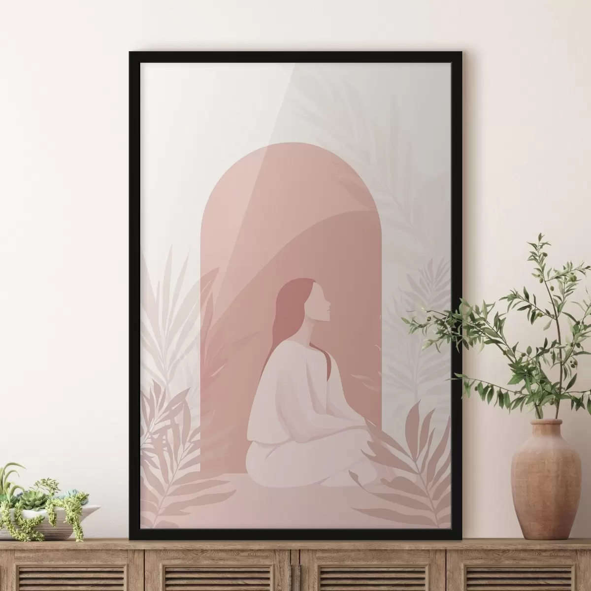 Poster Vrouw in meditatie, vlakke stijl, tropische planten, roze kleuren f44154