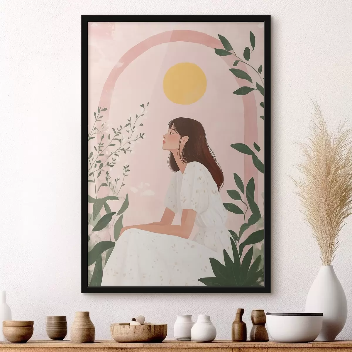 Poster Mooie vrouw in de tropische tuin, zon, pastelkleuren f44155