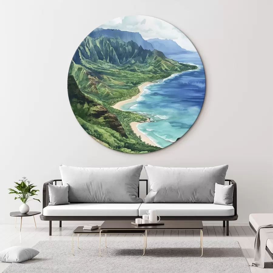  Schilderijen Groene bergen, Hawaii, oceaan, tropisch, aquarel stijl r44143