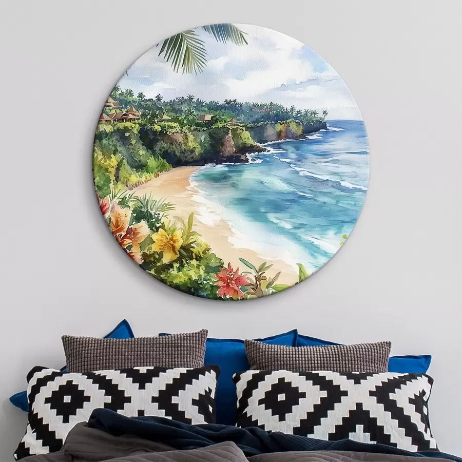  Schilderijen Tropisch oceaanstrand, palmbomen, bloemen, aquarelstijl r44145