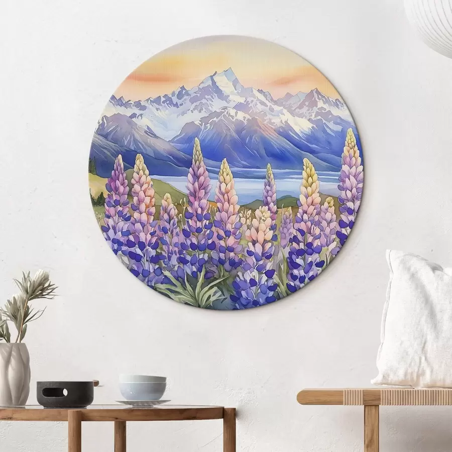  Peintures Fleurs de lupin, prairie, montagnes, style aquarelle, ciel couchant r44146