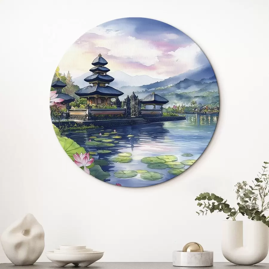  Peintures Île indonésienne, temple, bouddhisme, nature tropicale, style aquarelle r44148