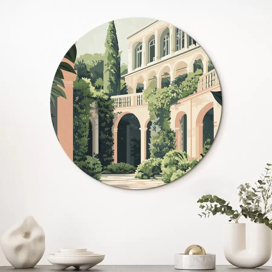  Schilderijen Mediterrane architectuur, tropische natuur, vlakke stijl, villa met tuin r44150