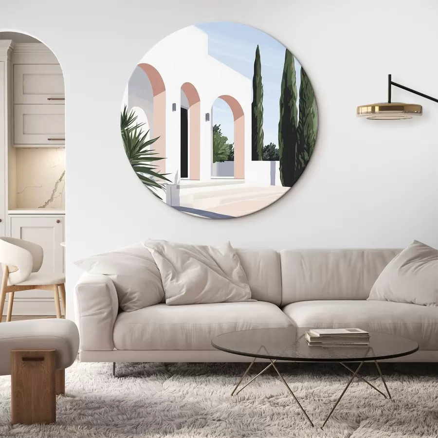  Schilderijen Witte villa met bogen en tropische tuin, mediterrane, vlakke stijl r44153