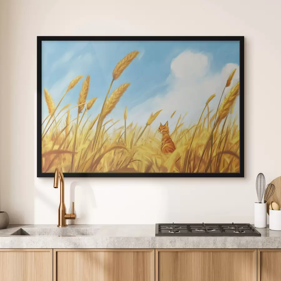 Fotobehang Kat in het veld met korenaren f44211