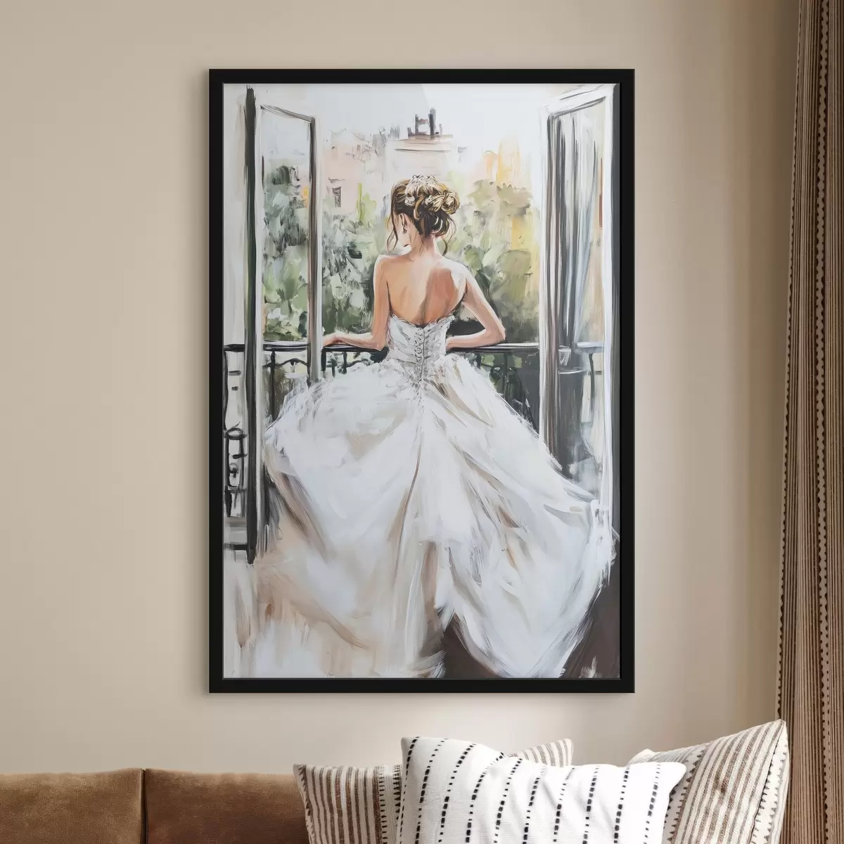 Affiche Fille en robe blanche sur le balcon f44226