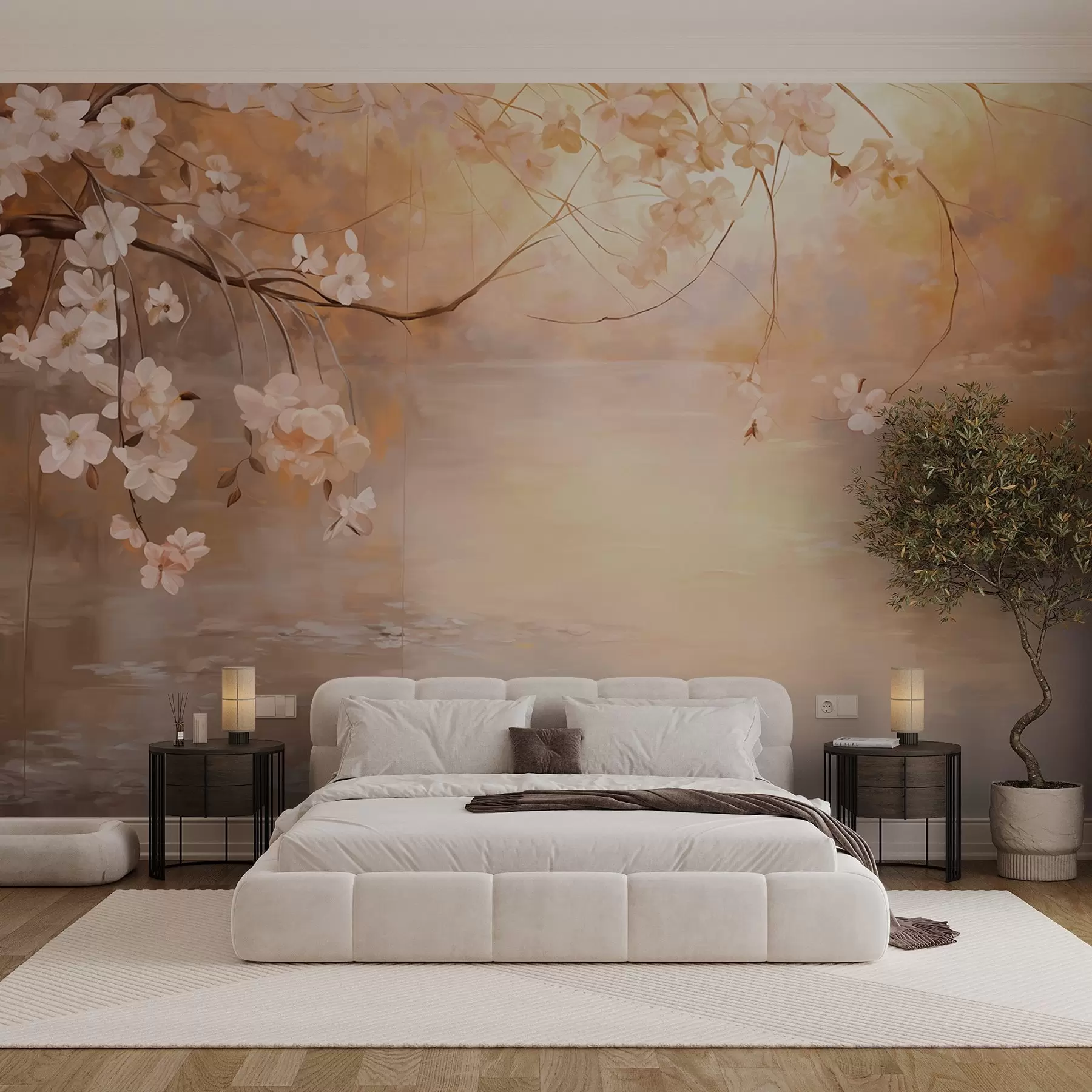 Fotobehang Abstract landschapskunst met bloesemtak en witte bloemen hangend over een meer, zachte pastelkleuren w09046