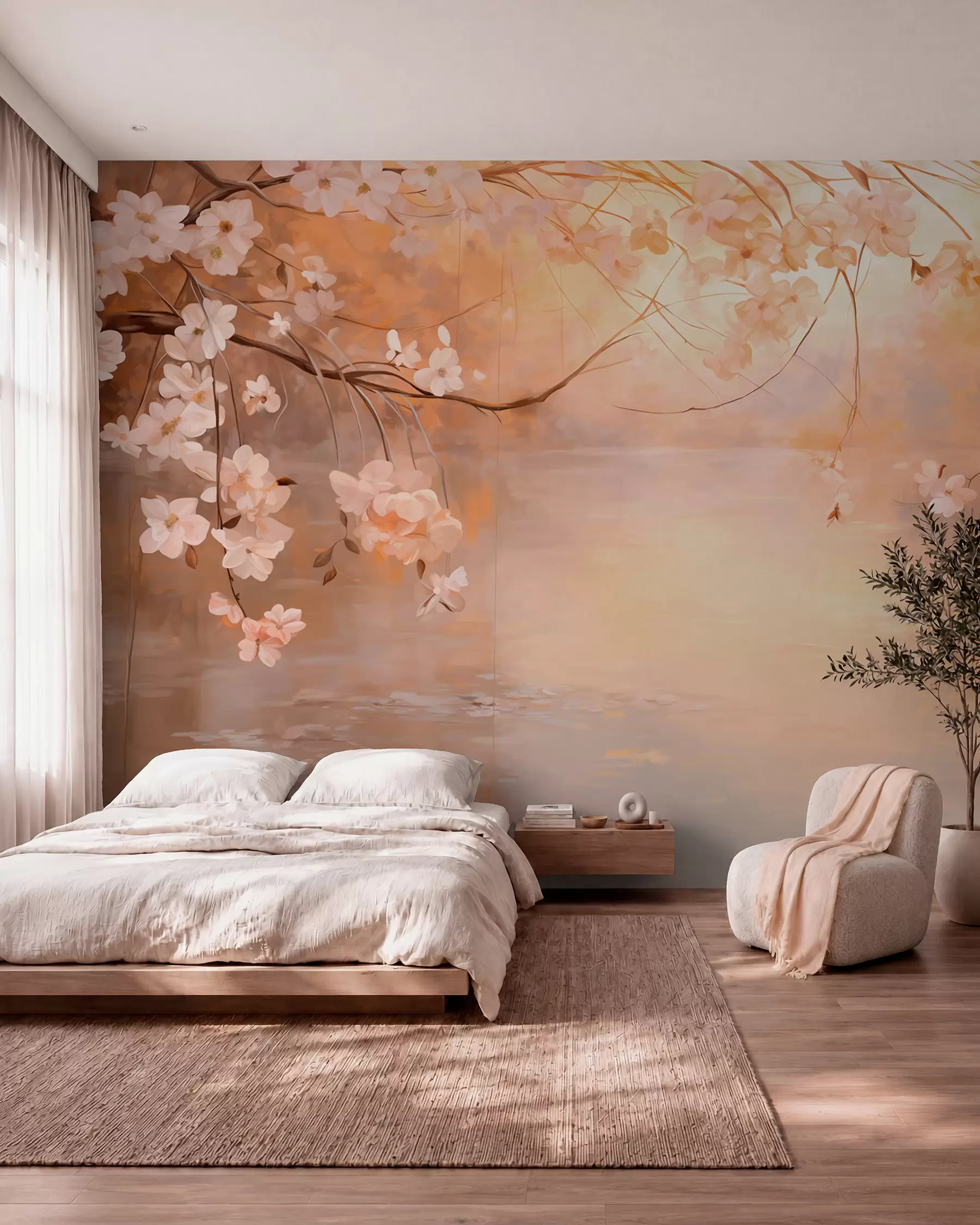 Papier peint photo Paysage abstrait avec des branches fleuries et des fleurs blanches suspendues au-dessus d'un lac, couleurs pastel douces w09046