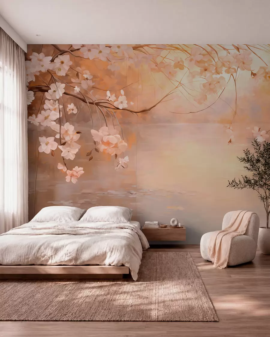 Papier peint photo Paysage abstrait avec des branches fleuries et des fleurs blanches suspendues au-dessus d'un lac, couleurs pastel douces w09046