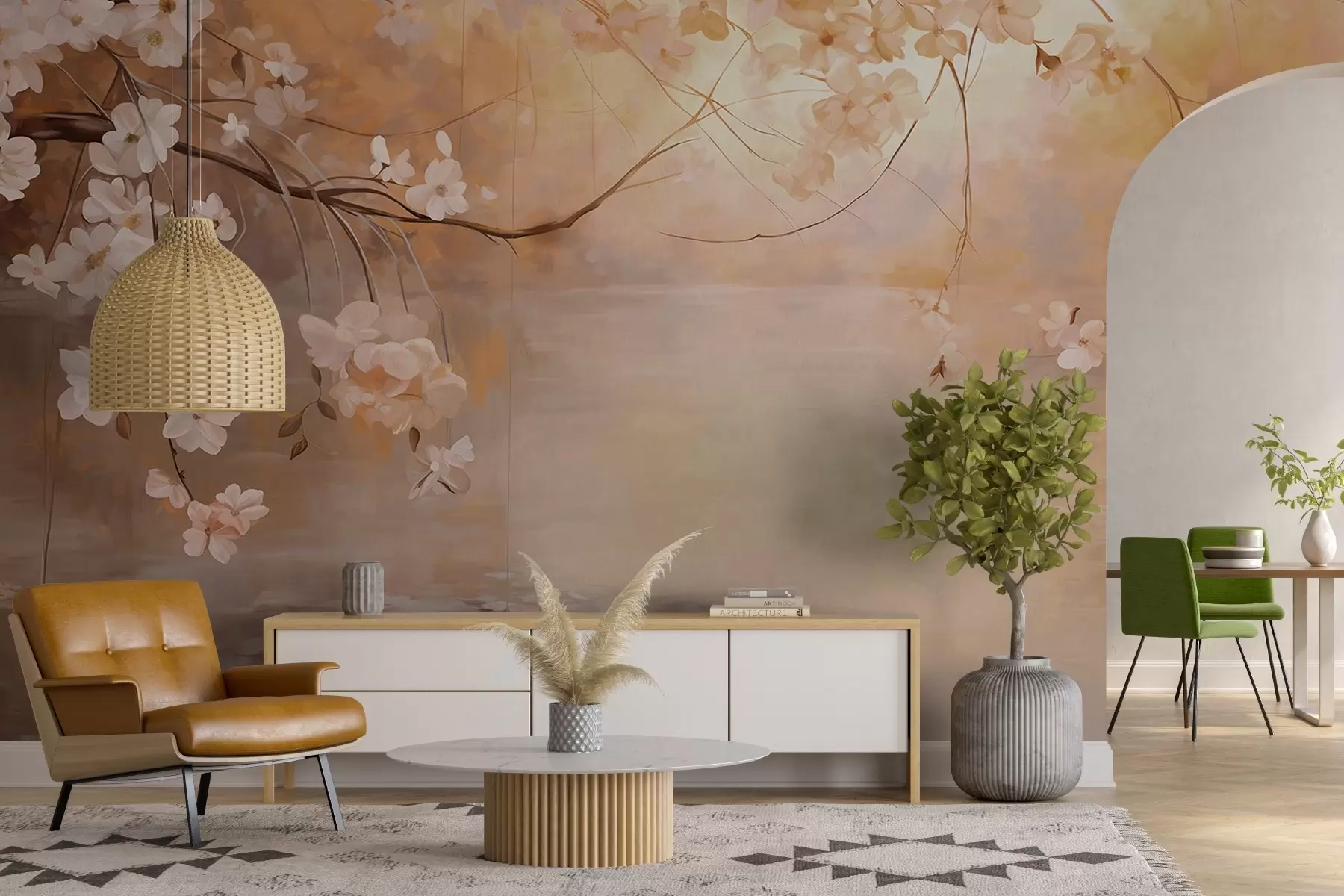 Papier peint photo Paysage abstrait avec des branches fleuries et des fleurs blanches suspendues au-dessus d'un lac, couleurs pastel douces w09046