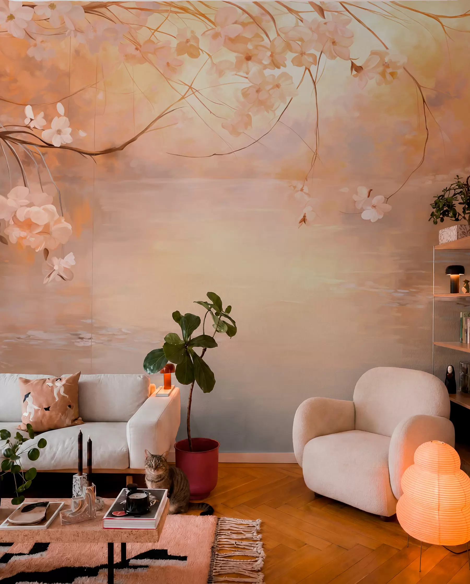 Fotobehang Abstract landschapskunst met bloesemtak en witte bloemen hangend over een meer, zachte pastelkleuren w09046