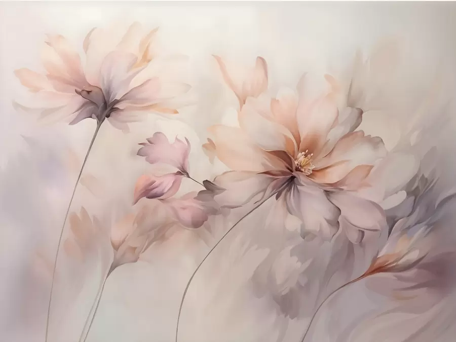Papier peint photo Un art floral délicat avec de grandes fleurs aux couleurs pastel et aux pétales translucides, des tiges douces et un arrière-plan doux et diffus w09050
