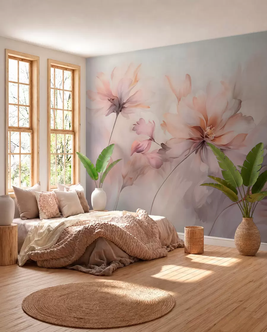 Papier peint photo Un art floral délicat avec de grandes fleurs aux couleurs pastel et aux pétales translucides, des tiges douces et un arrière-plan doux et diffus w09050