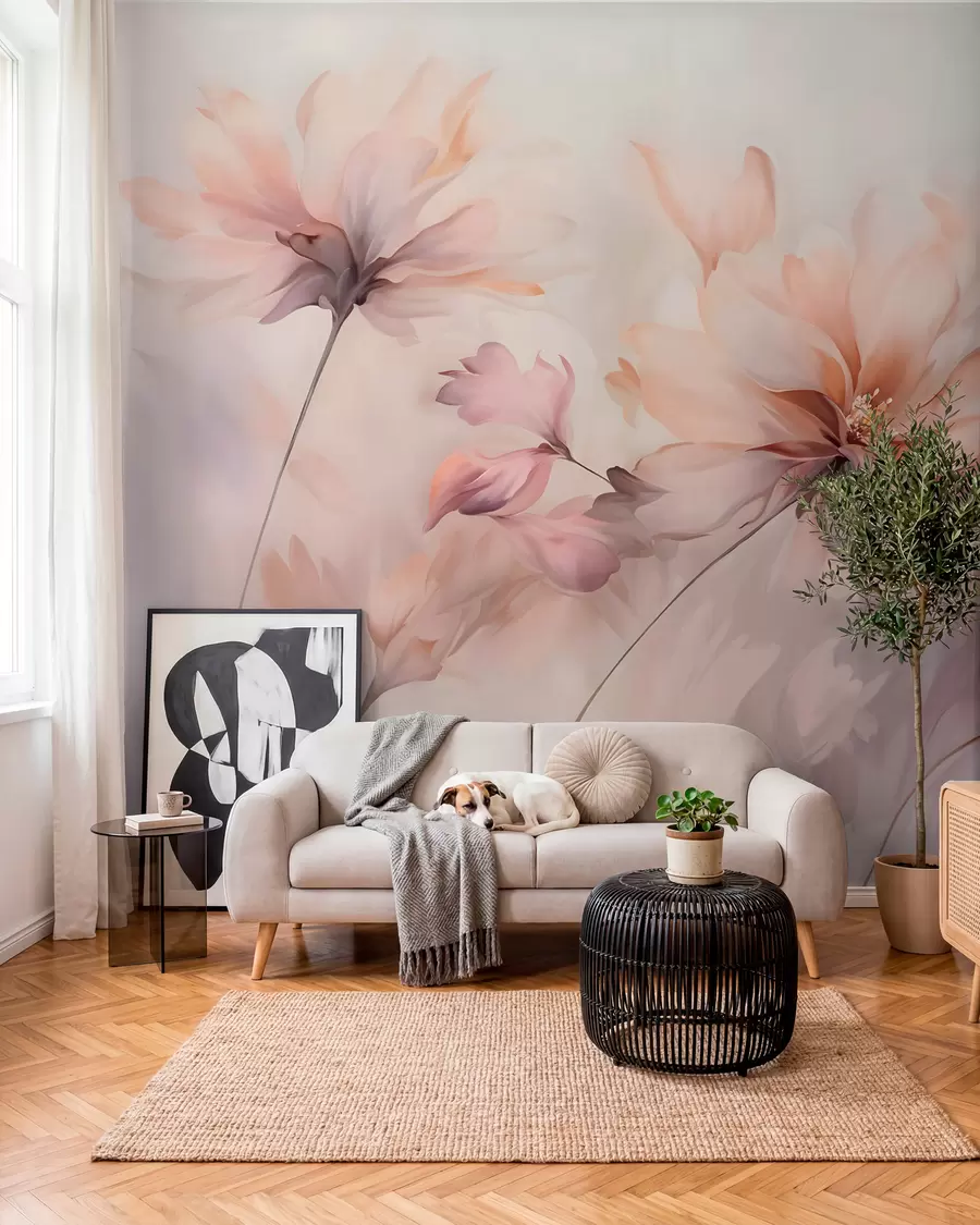 Fotobehang Een delicaat bloemsierkunstwerk met grote pastelkleurige bloemen met doorschijnende bloemblaadjes, zachte stelen en een zachte diffuse achtergrond w09050