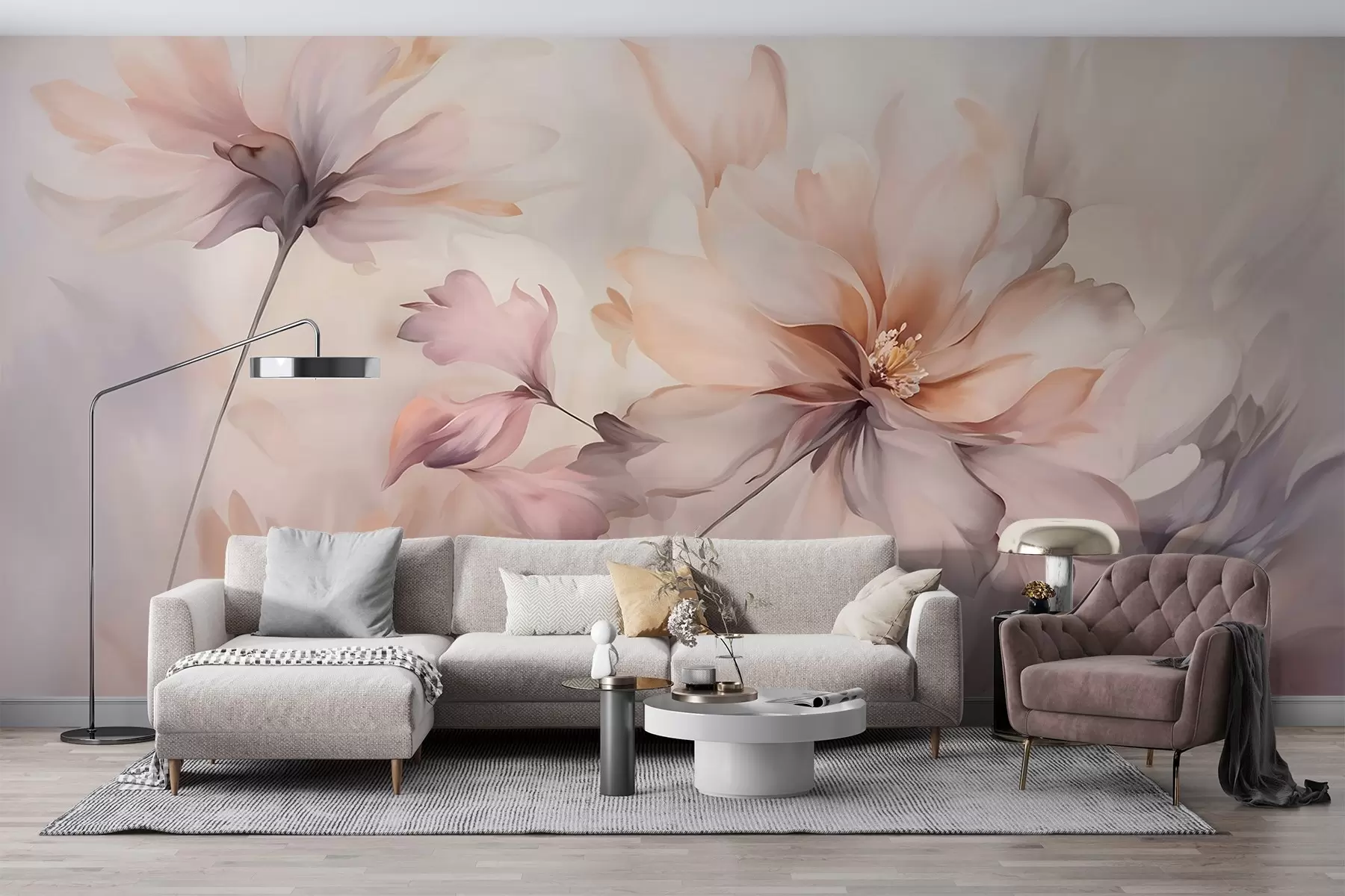 Fotobehang Een delicaat bloemsierkunstwerk met grote pastelkleurige bloemen met doorschijnende bloemblaadjes, zachte stelen en een zachte diffuse achtergrond w09050