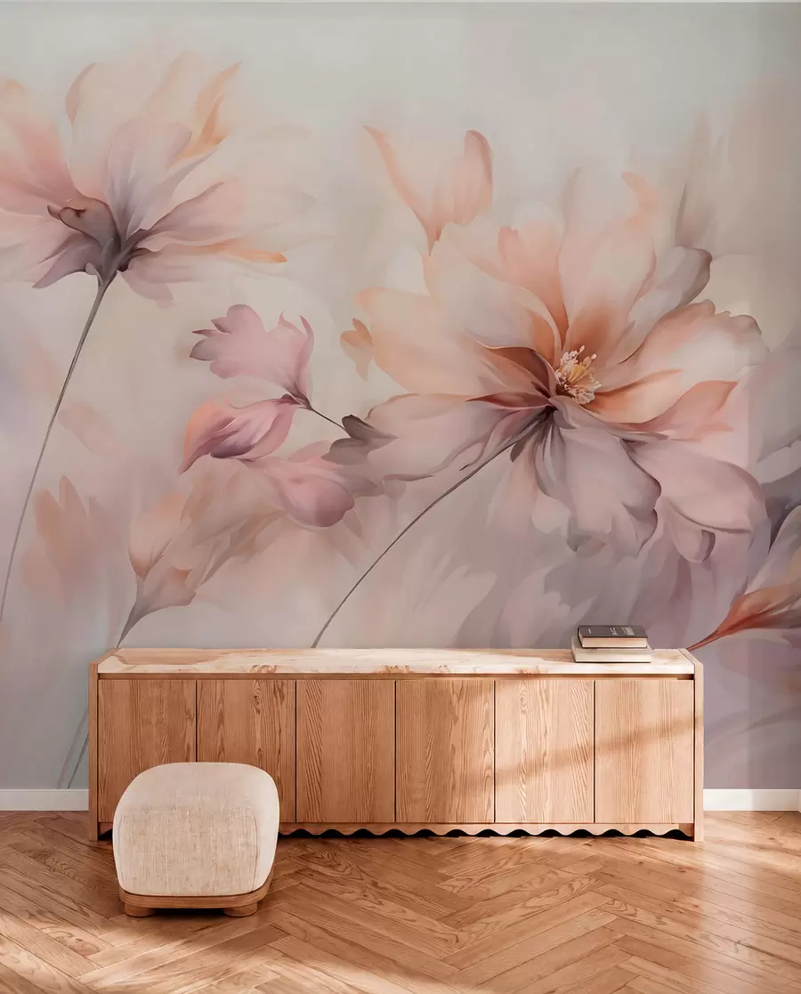 Papier peint photo Un art floral délicat avec de grandes fleurs aux couleurs pastel et aux pétales translucides, des tiges douces et un arrière-plan doux et diffus w09050