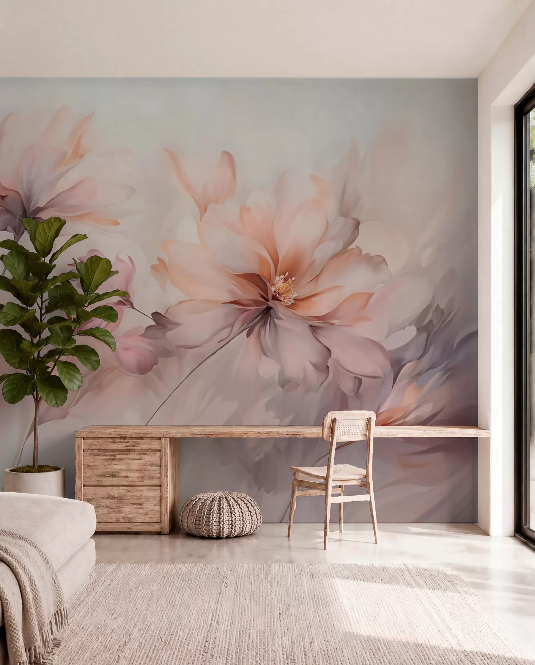 Papier peint photo Un art floral délicat avec de grandes fleurs aux couleurs pastel et aux pétales translucides, des tiges douces et un arrière-plan doux et diffus w09050
