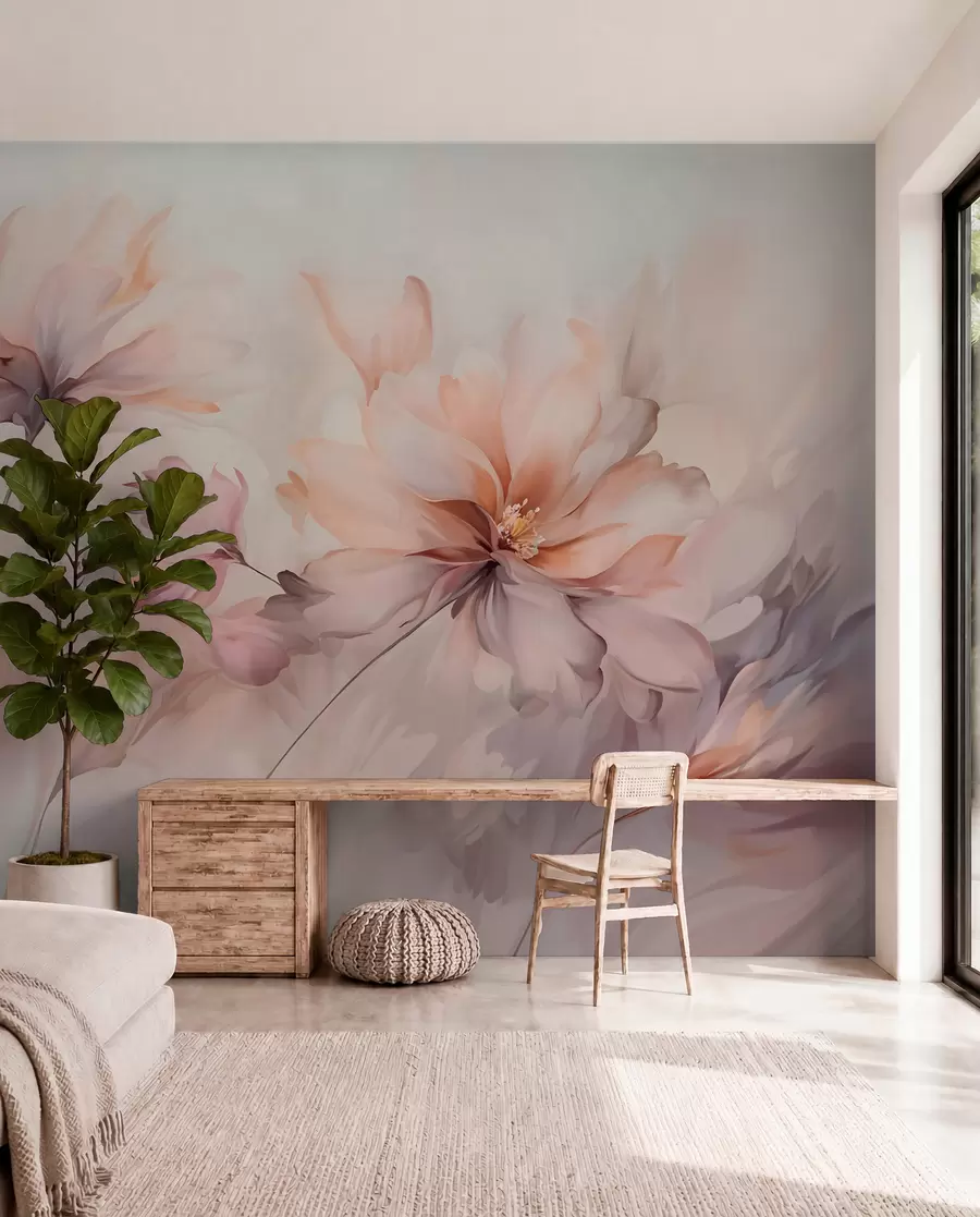 Fotobehang Een delicaat bloemsierkunstwerk met grote pastelkleurige bloemen met doorschijnende bloemblaadjes, zachte stelen en een zachte diffuse achtergrond w09050