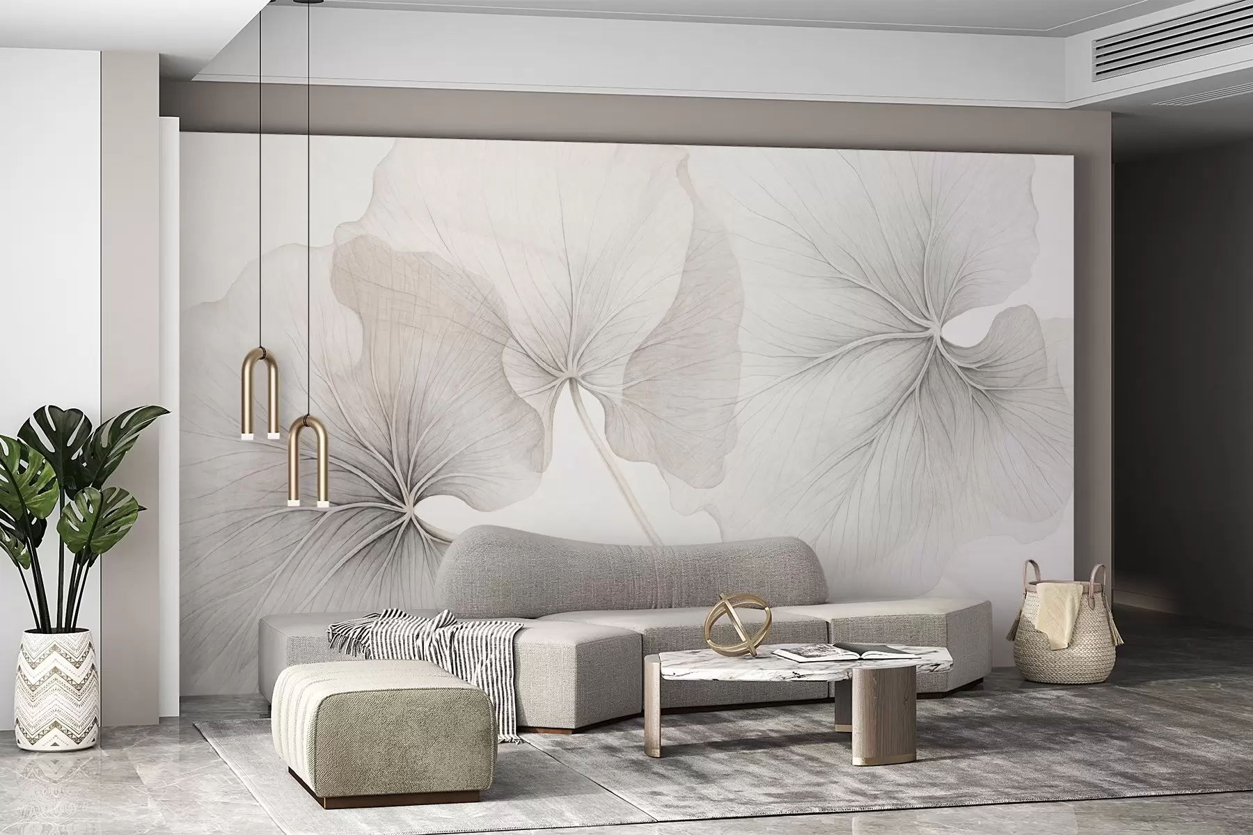 Papier peint photo Trois feuilles translucides aux nervures visibles, à la texture bruyante se chevauchant légèrement, avec de fines tiges sur un fond blanc w09052