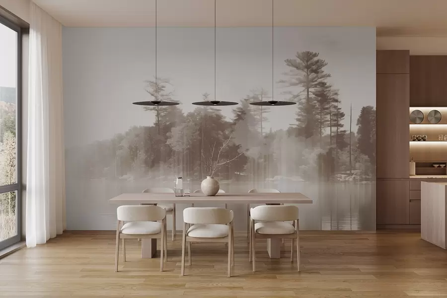 Papier peint photo Paysage abstrait minimaliste texturé avec un lac et des arbres se reflétant dans l'eau dans les tons beige et blanc w09058v1