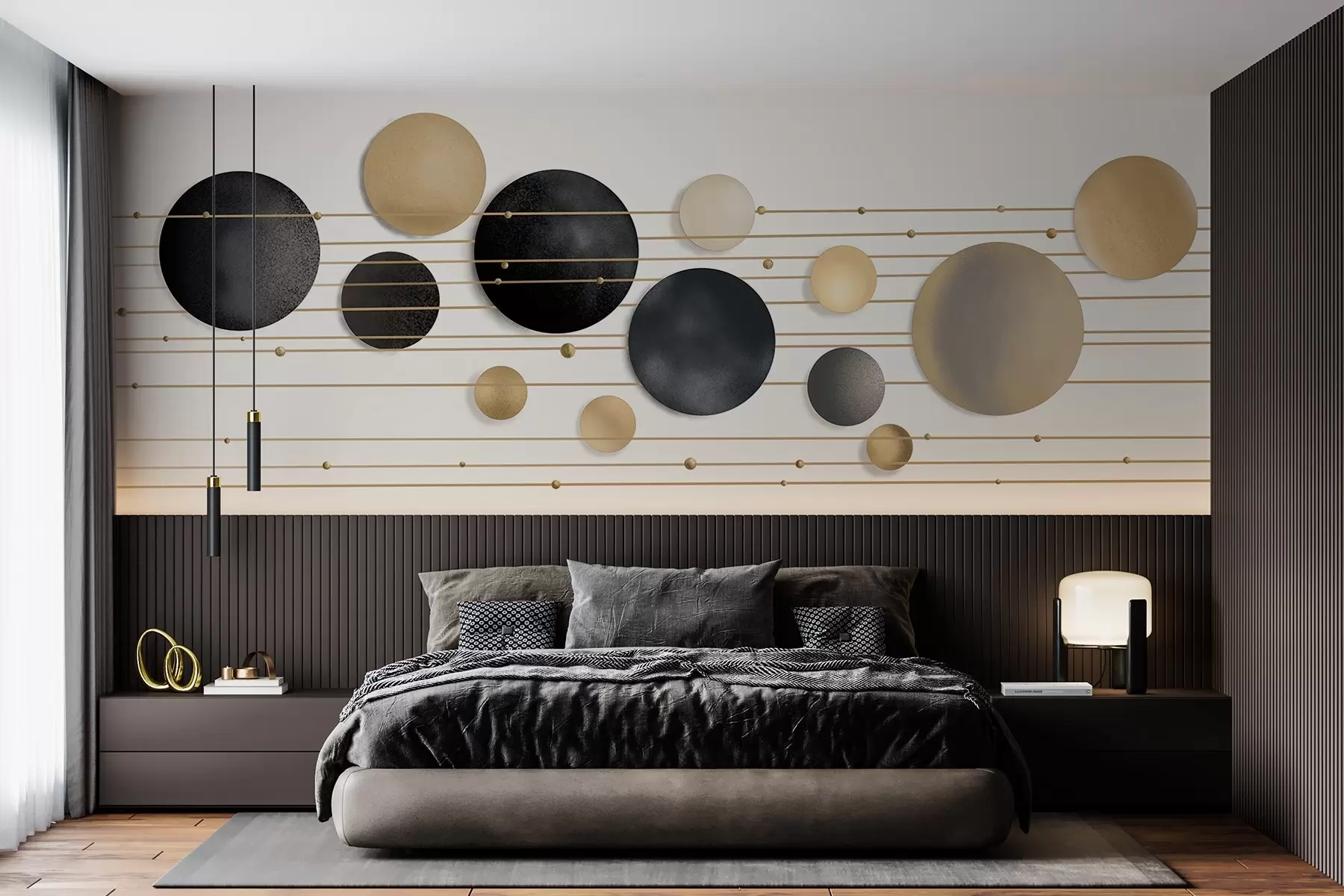 Fotobehang Abstract modern ontwerp met gestructureerde cirkels in witte, gele en grijze tinten, verbonden door dunne lijnen, minimalistische kunst w09060