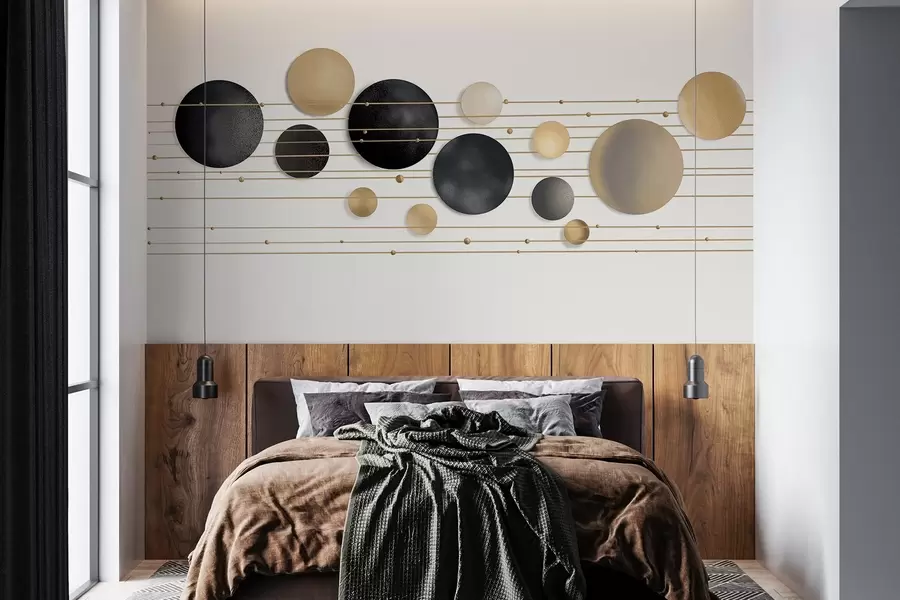 Fotobehang Abstract modern ontwerp met gestructureerde cirkels in witte, gele en grijze tinten, verbonden door dunne lijnen, minimalistische kunst w09060