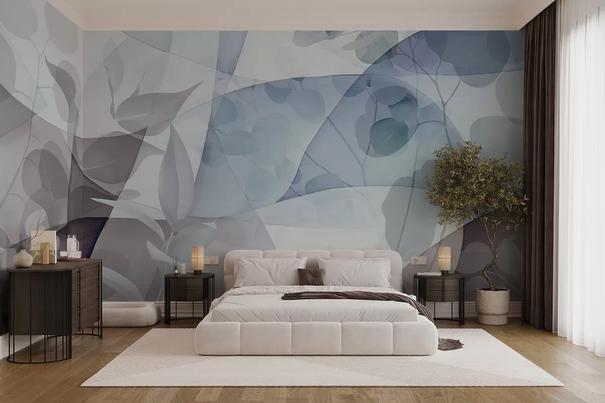 Fotobehang Abstracte botanische illustratie met eucalyptusbladeren en geometrische vormen in zachte gedempte kleuren van blauw, bruin en wit w09061