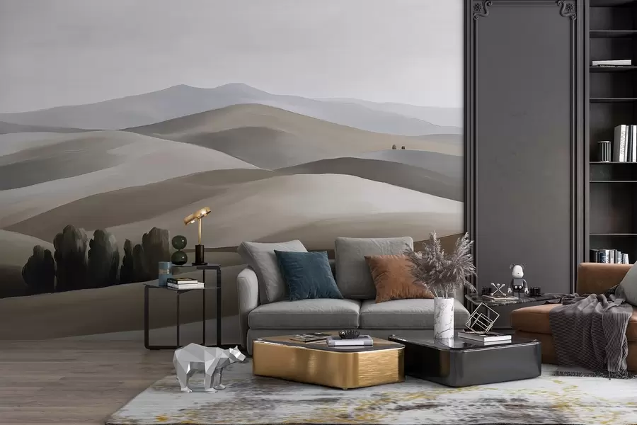 Fotobehang Landschappen met bomen, Toscane, beige en grijze kleuren, olieverfstijl w03880v1