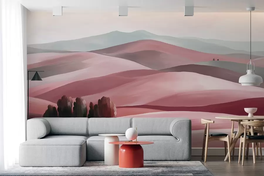 Fotobehang Landschappen met bomen, Toscane, roze kleuren, olieverfstijl w03880v2