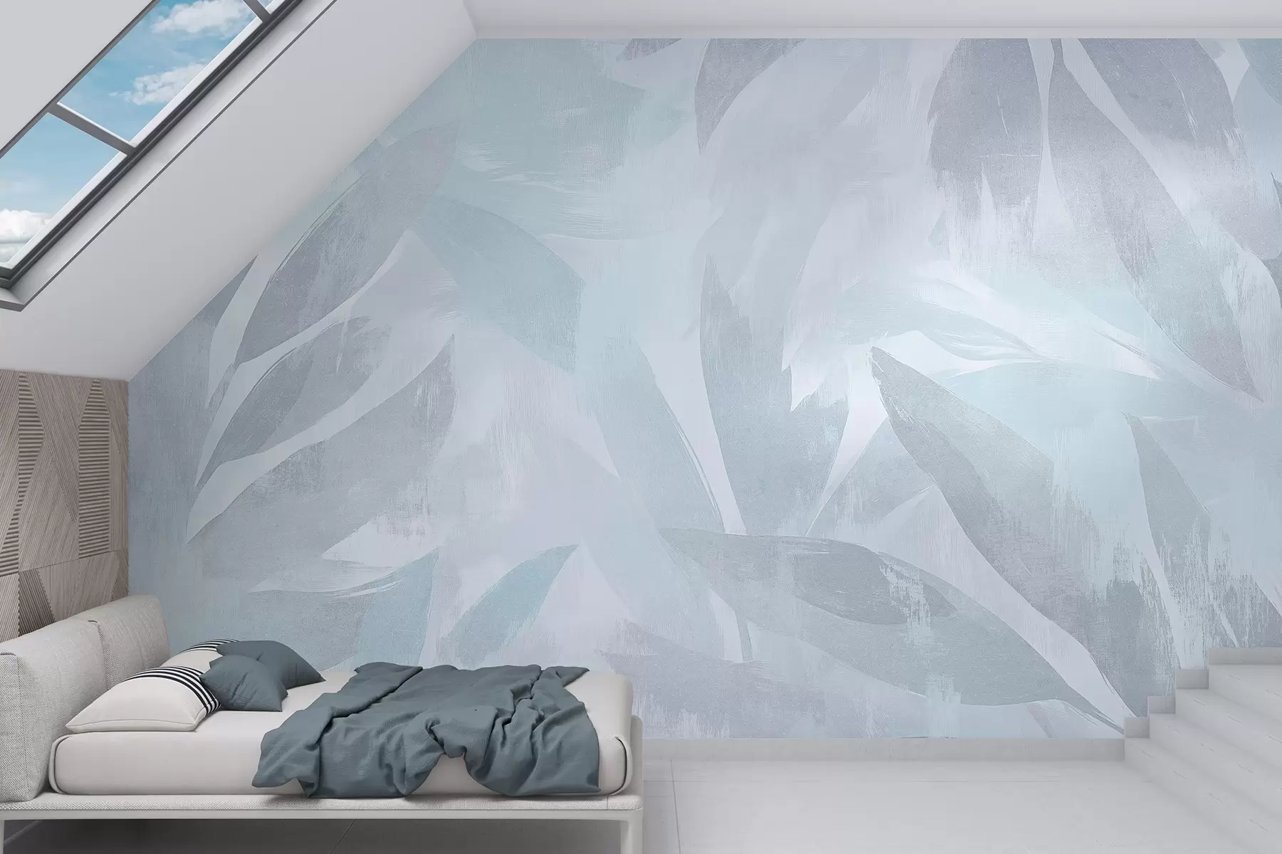 Fotobehang Tropische bladeren, bloemen, palmbomen, pastel stijl, blauwe kleuren w03881v2