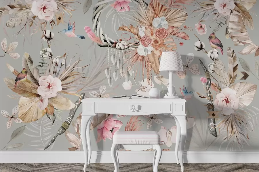 Fotobehang Boho stijl ornament met pioen bloemen en vogels, aquarel stijl, beige kleuren w03885