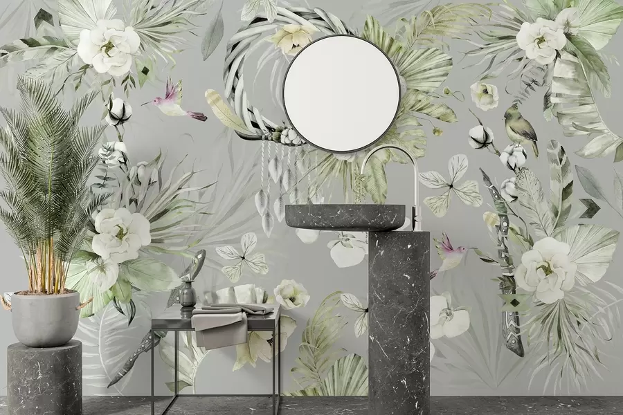 Fotobehang Boho stijl ornament met pioen bloemen en vogels, aquarel stijl, groene kleuren w03885v2