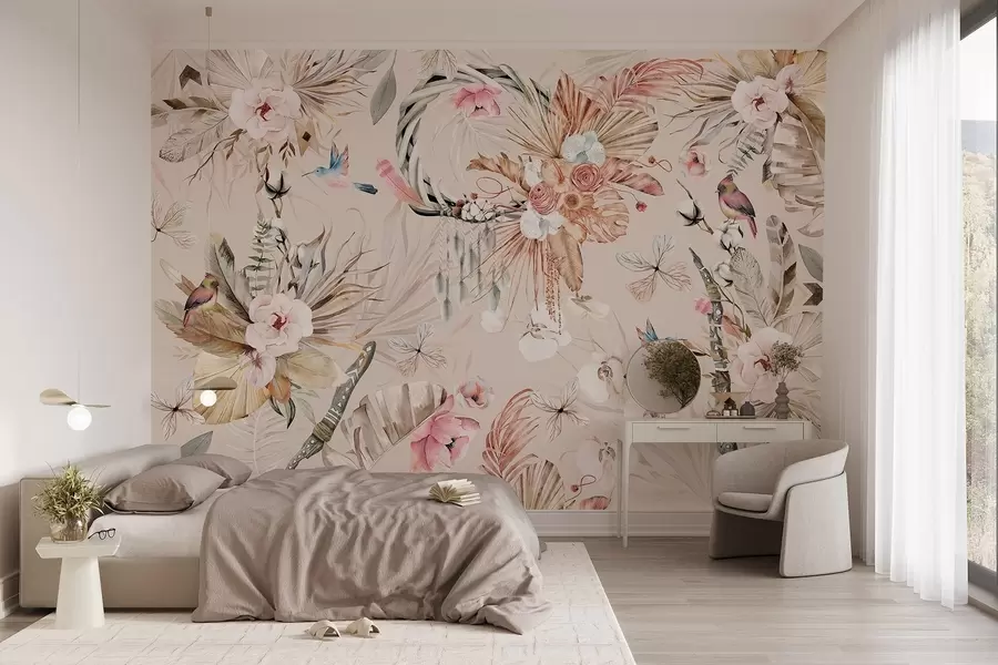 Fotobehang Boho stijl ornament met pioen bloemen en vogels, aquarel stijl, zachte kleuren w03885v3