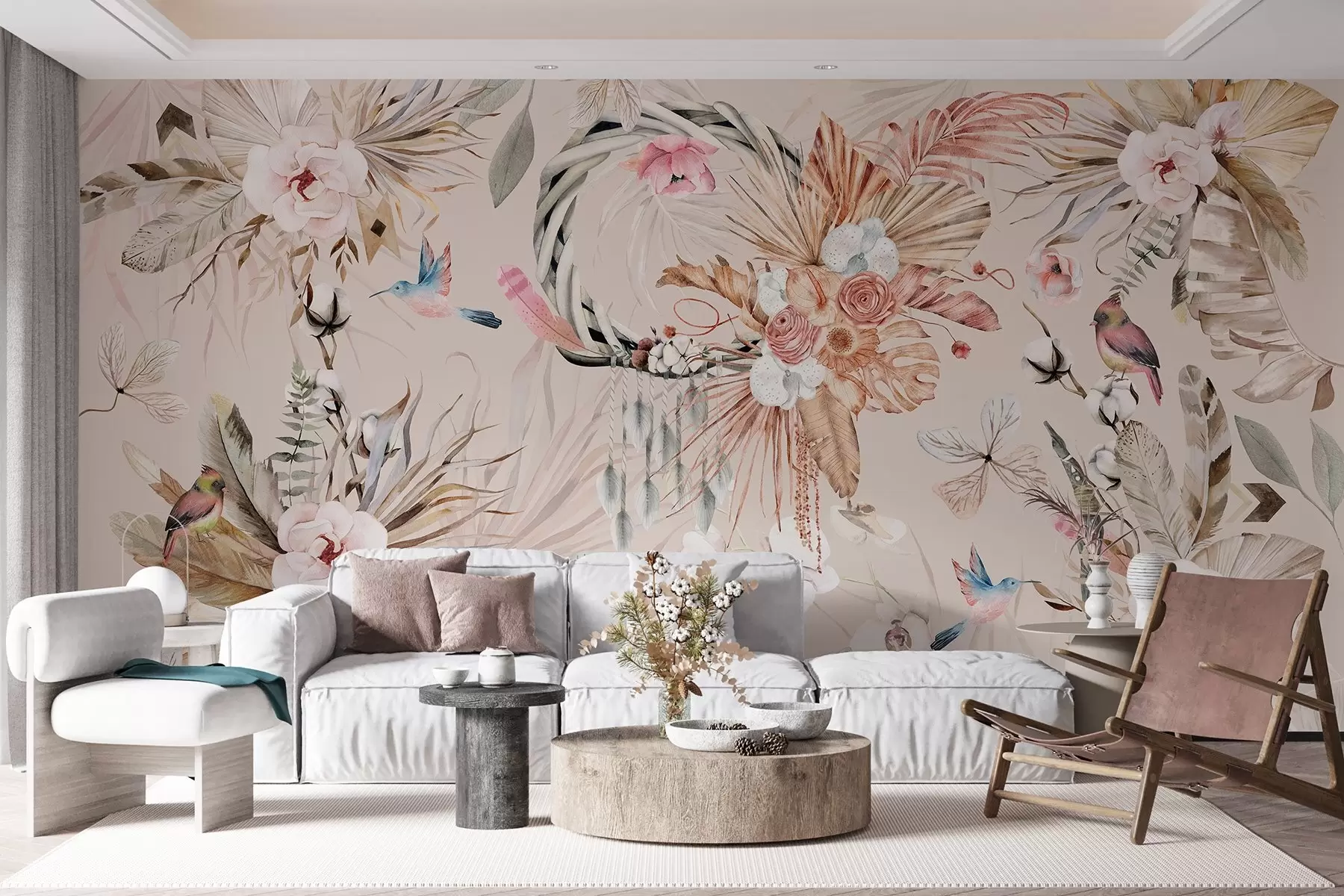 Papier peint photo Ornement de style boho avec des fleurs de pivoine et des oiseaux, style aquarelle, couleurs douces w03885v3