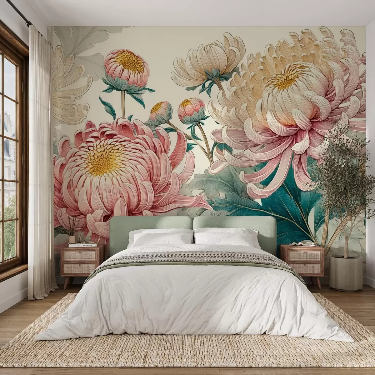 Fotobehang Fijnschilderij van witte en roze chrysanten w09081