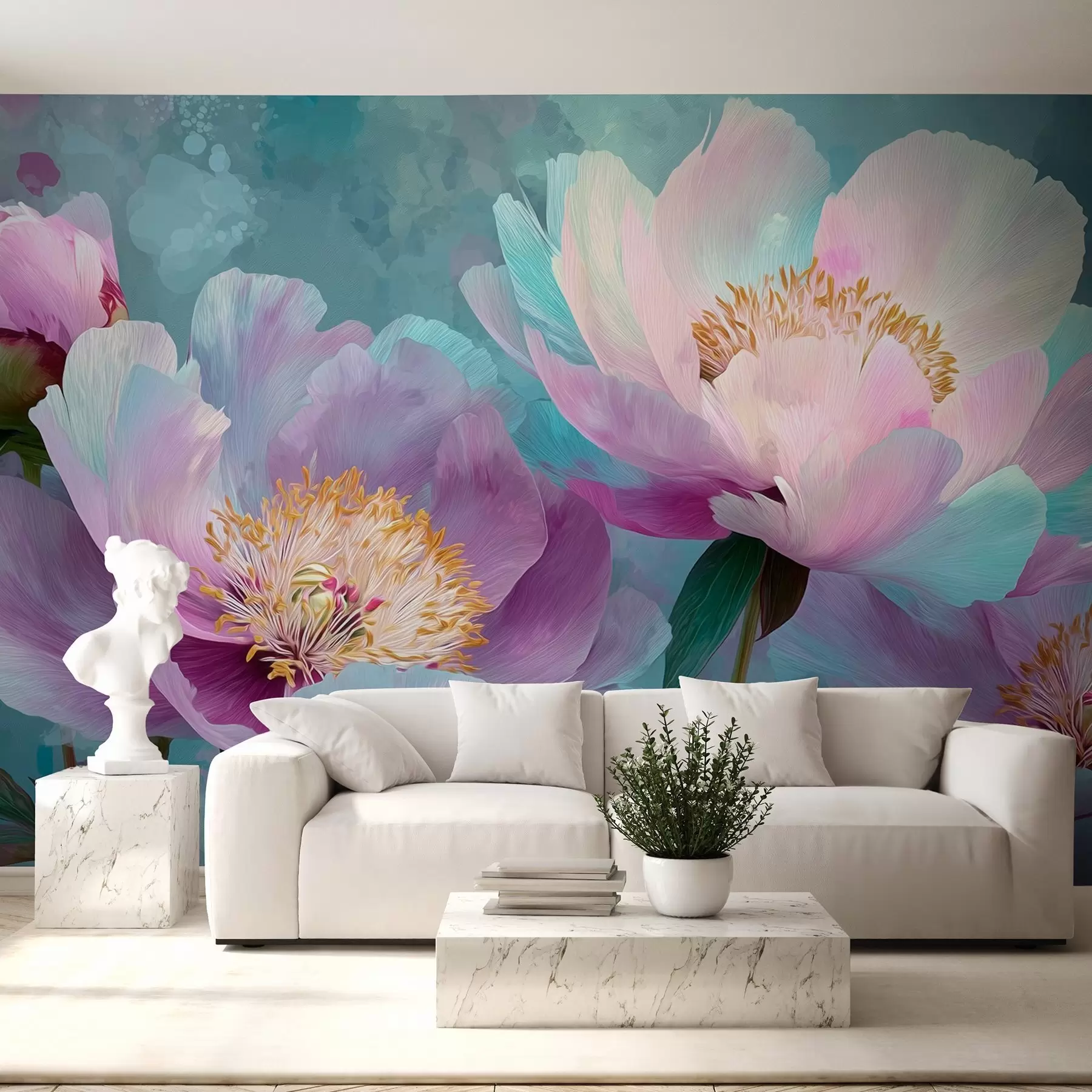 Fotobehang Kleurrijke pioenrozen in blauwe en paarse tinten w09087