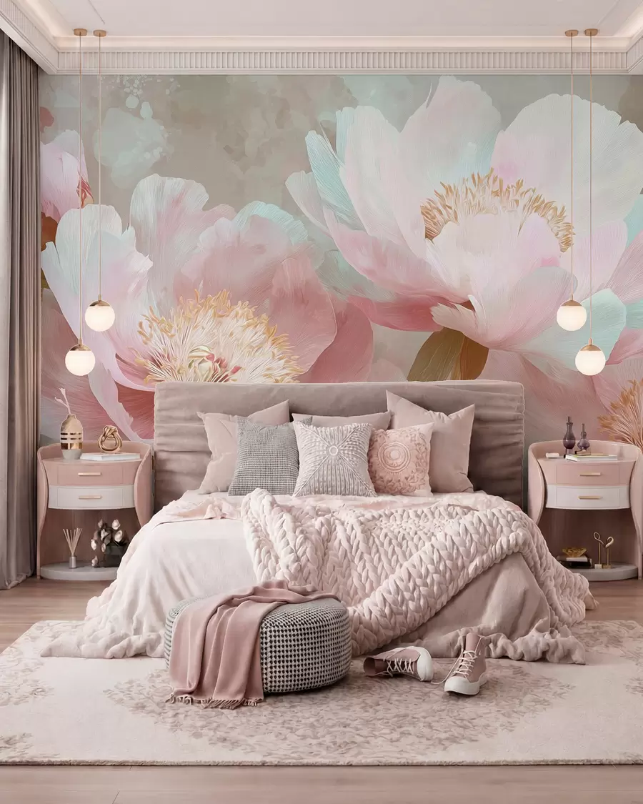 Papier peint photo Pivoines délicates dans les tons roses et beiges w09087v1