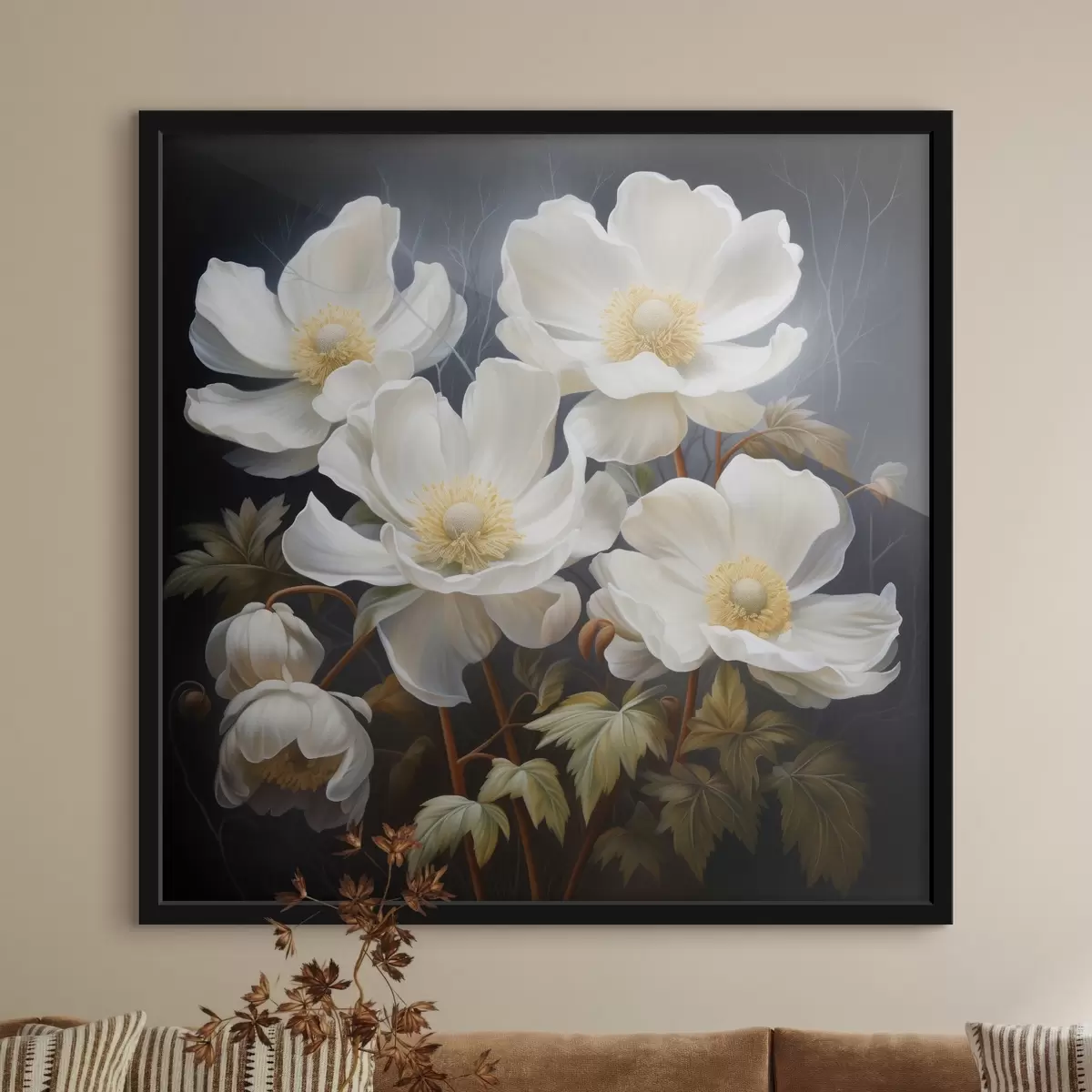Poster Elegante witte bloemen in avondlicht f43901