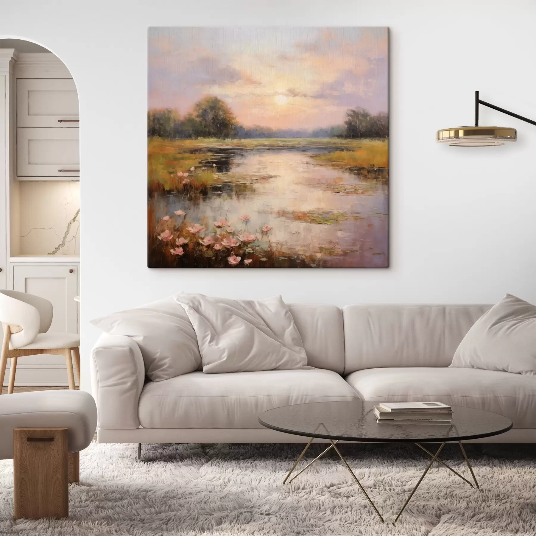  Peintures Plan d'eau avec des fleurs au coucher du soleil s44044