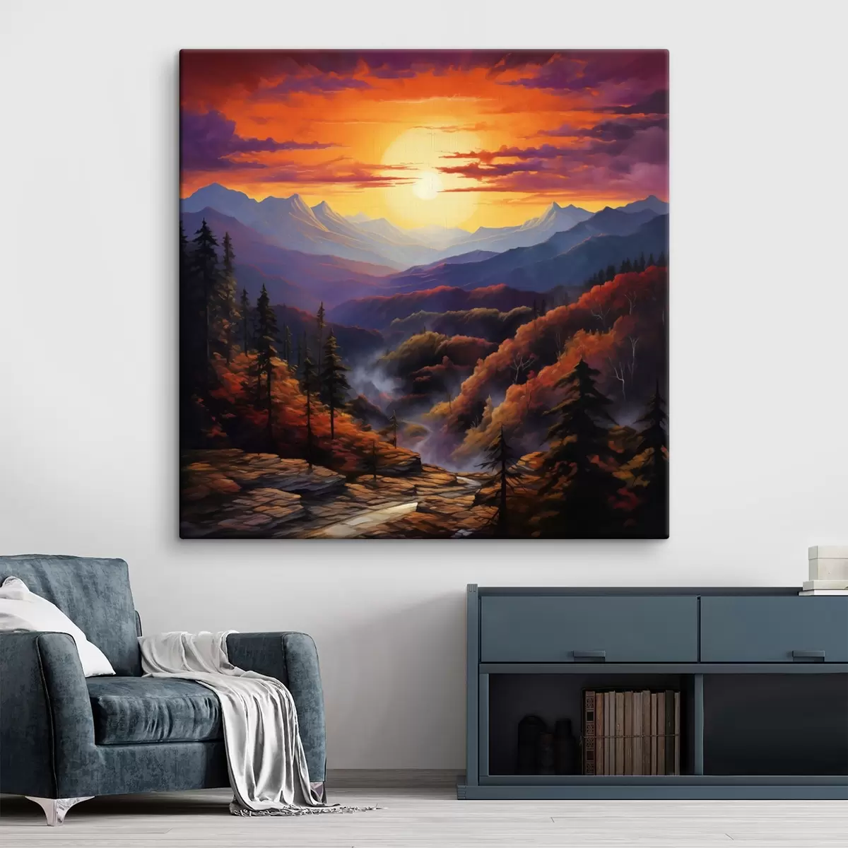  Peintures Forêt et montagnes au coucher du soleil s44045