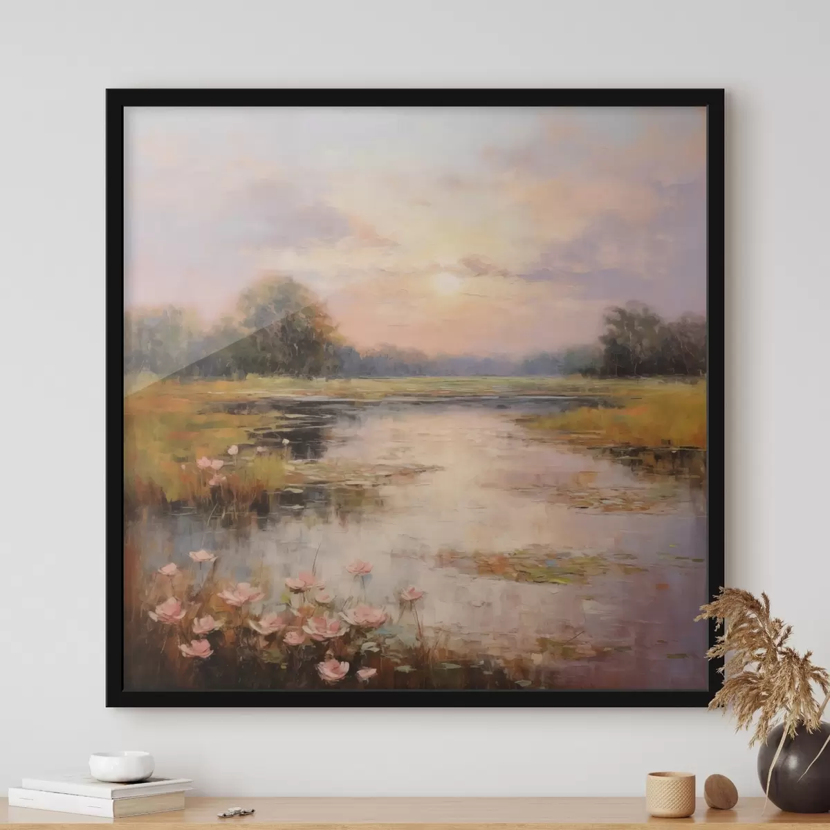 Affiche Plan d'eau avec des fleurs au coucher du soleil f44044