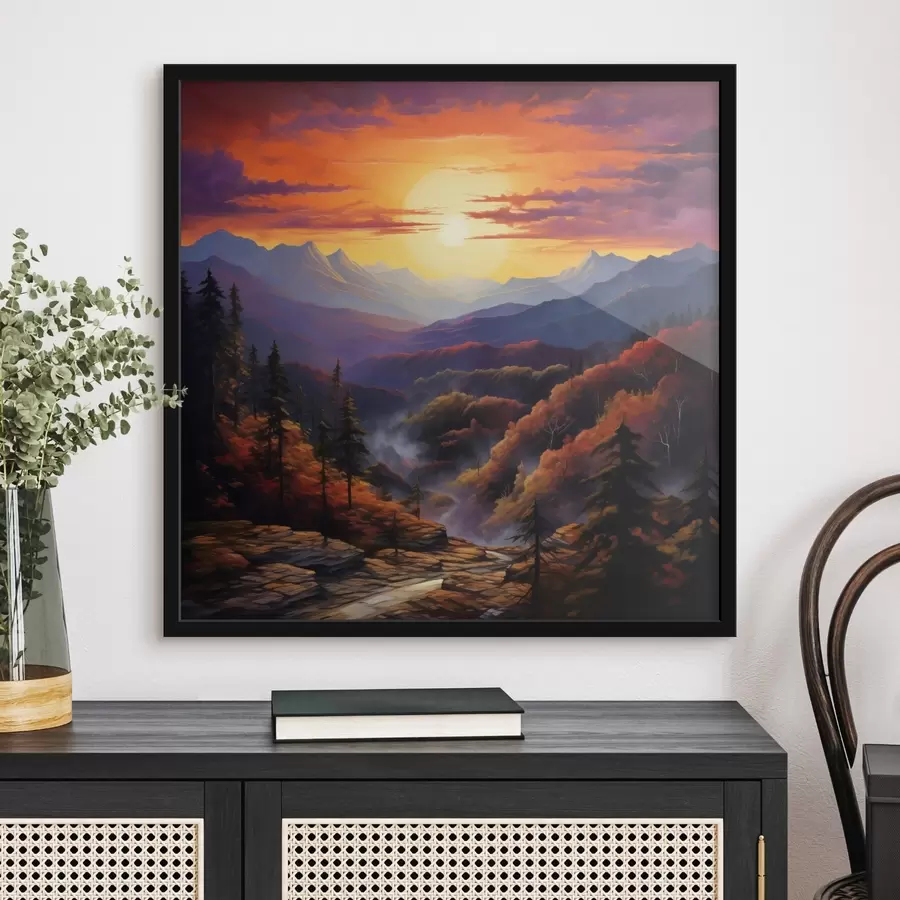 Papier peint photo Forêt et montagnes au coucher du soleil f44045