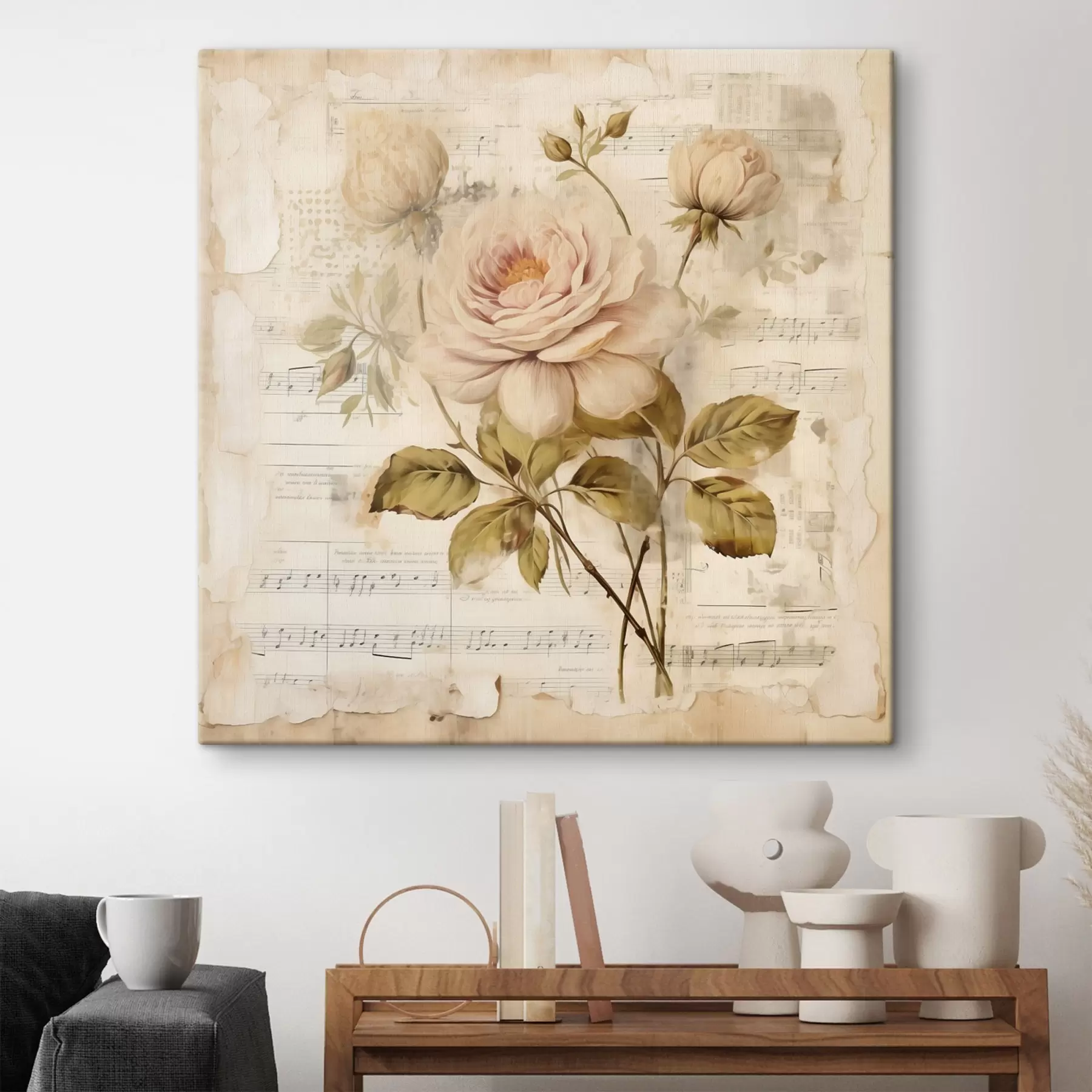  Peintures Composition vintage de roses sur fond de vieilles notes s44247