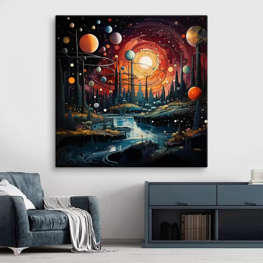  Peintures Paysage lumineux et fantastique d'un monde extraterrestre avec des planètes et une rivière s44249