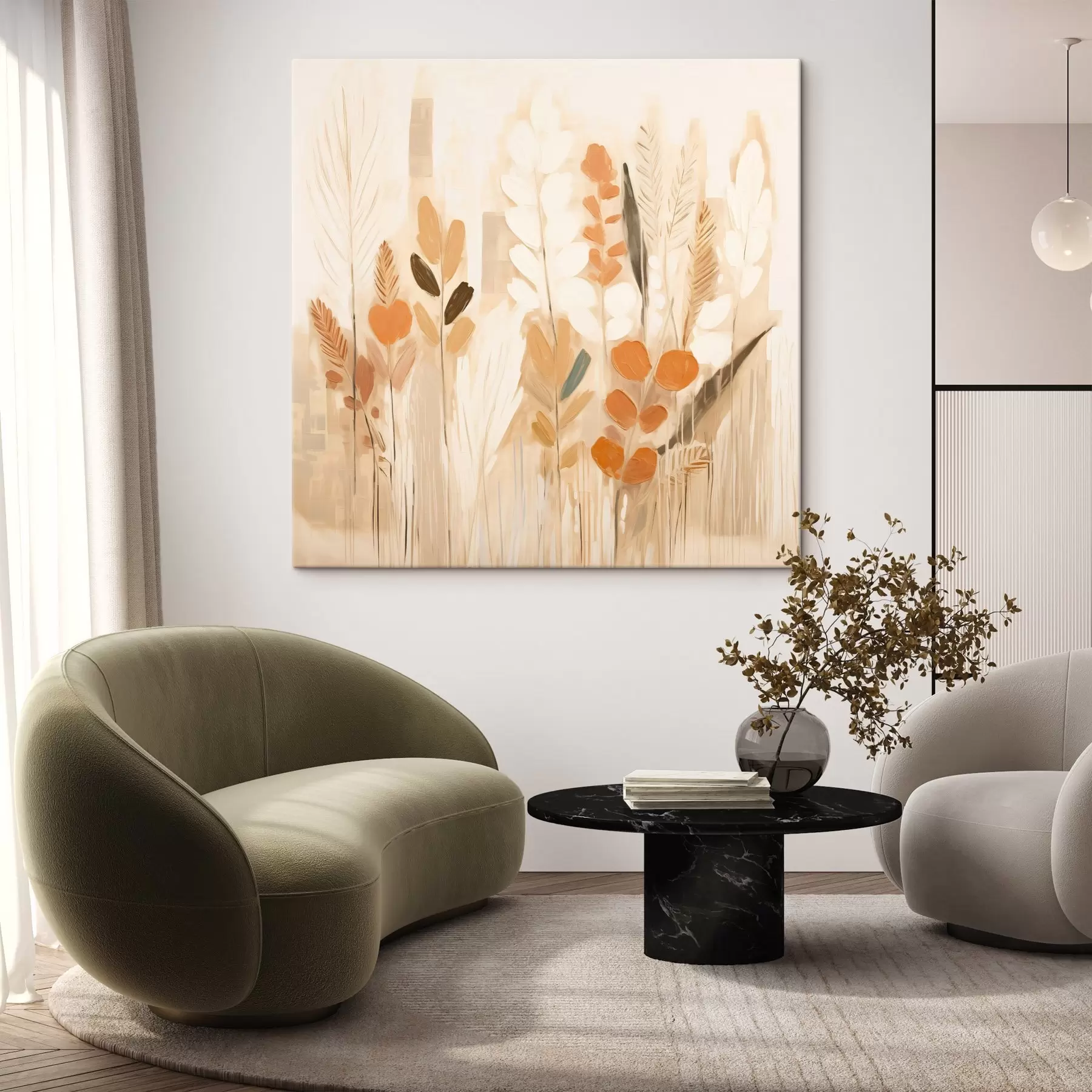  Schilderijen Warme abstractie met veldgrassen en bloemen in een beige-oranje palet in Art Nouveau-stijl s44252