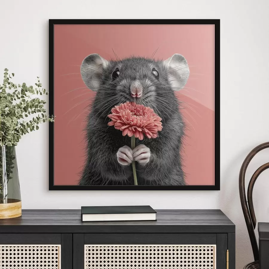 Fotobehang Nieuwsgierige rat met een roze gerbera in een minimalistische stijl f44241
